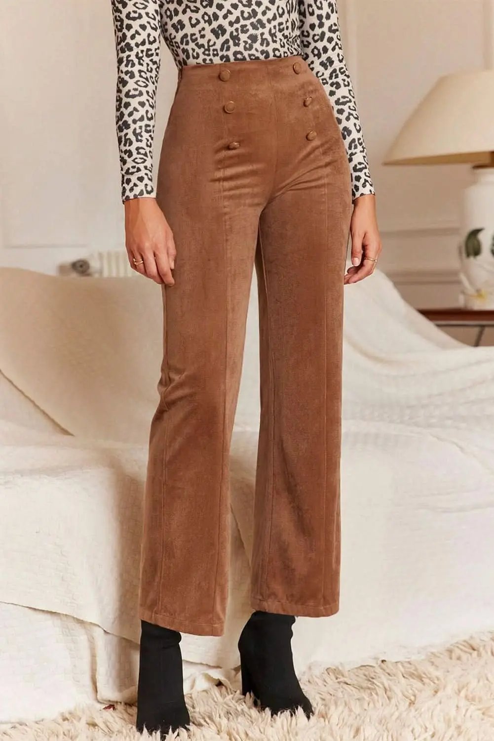 Chestnut Solid Color Double Breasted Straight Leg Pants - Love Salve